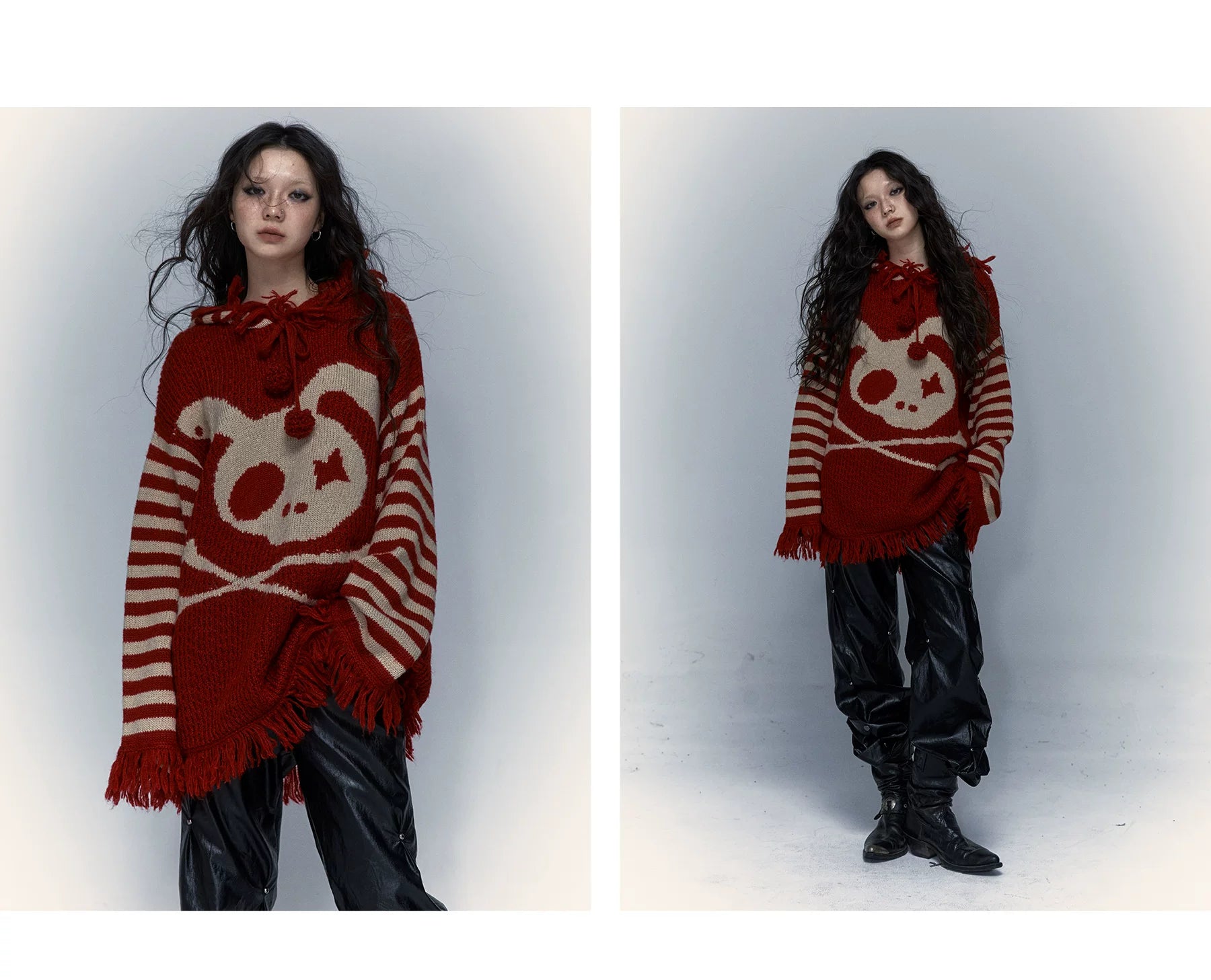 Skull Print Stripe Oversize Knit Hoodie