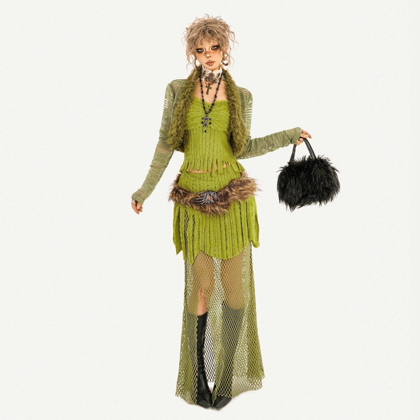 Fake Fur Patchwork Mesh Knit Cardigan & Tube Top & Mesh Long Skirt Setup