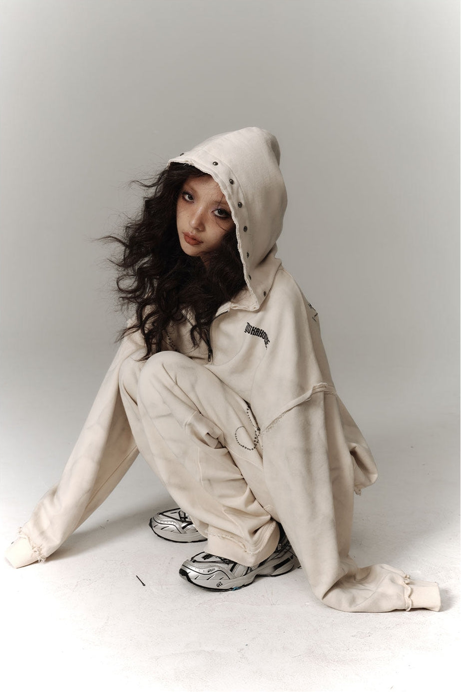 Washed Damage Oversize Zipper Hoodie & Short Skirt & Wide Leg Pants Setup
