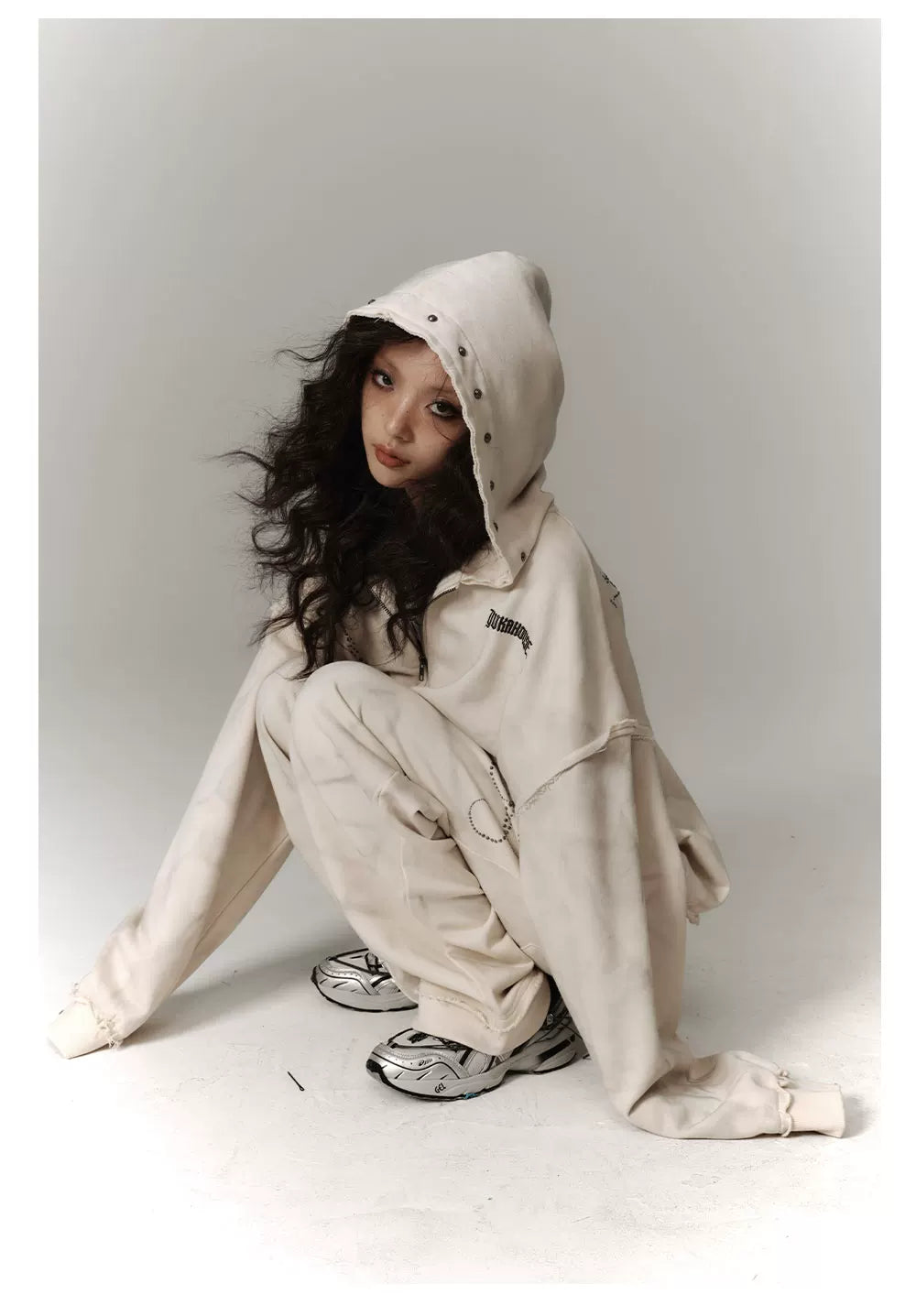 Washed Damage Oversize Zipper Hoodie & Short Skirt & Wide Leg Pants Setup