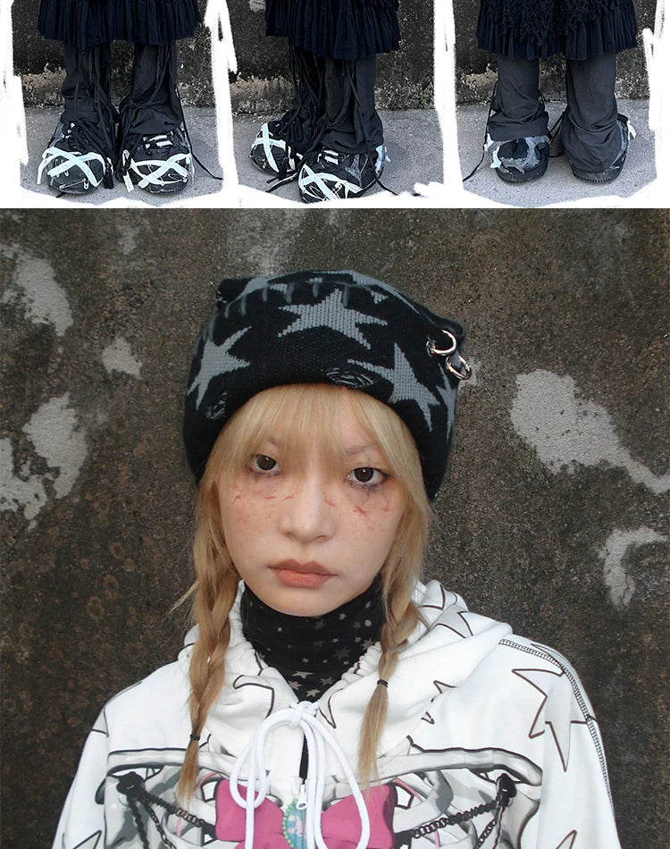 Star Print Rabbit Ear Knit Hat