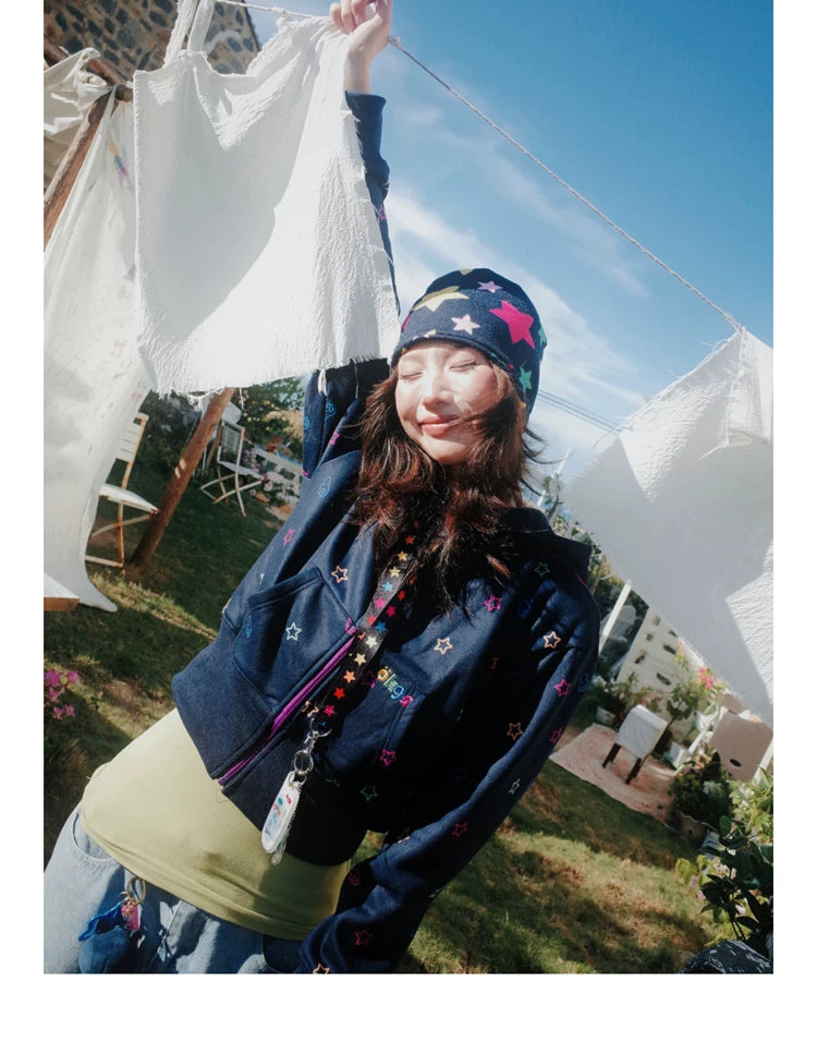 Star Print Fleece Zipper Hoodie