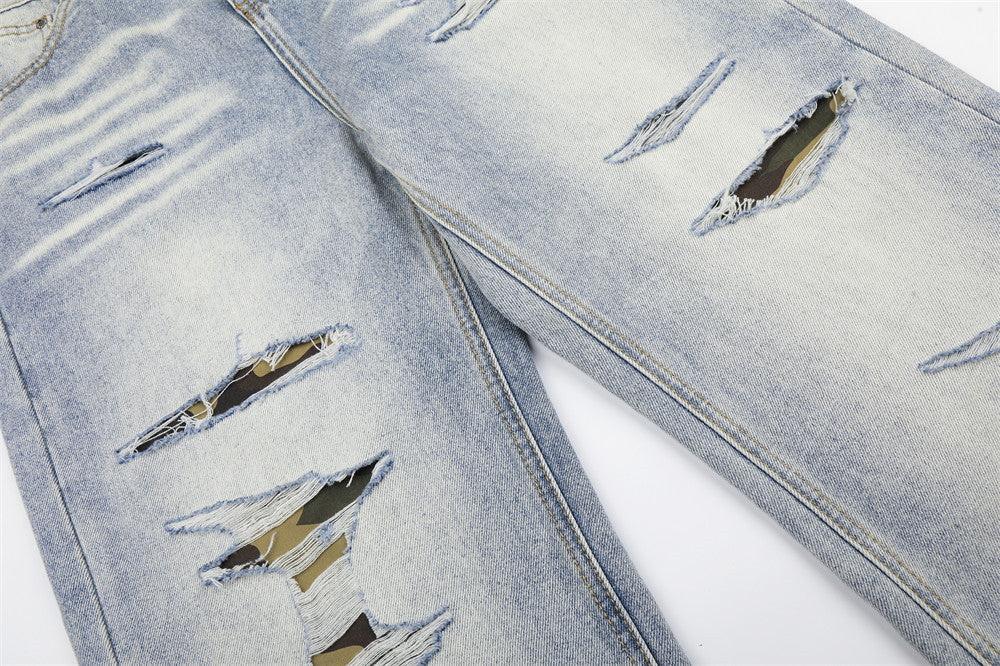 Distressed Camouflage Wide-Leg Jeans
