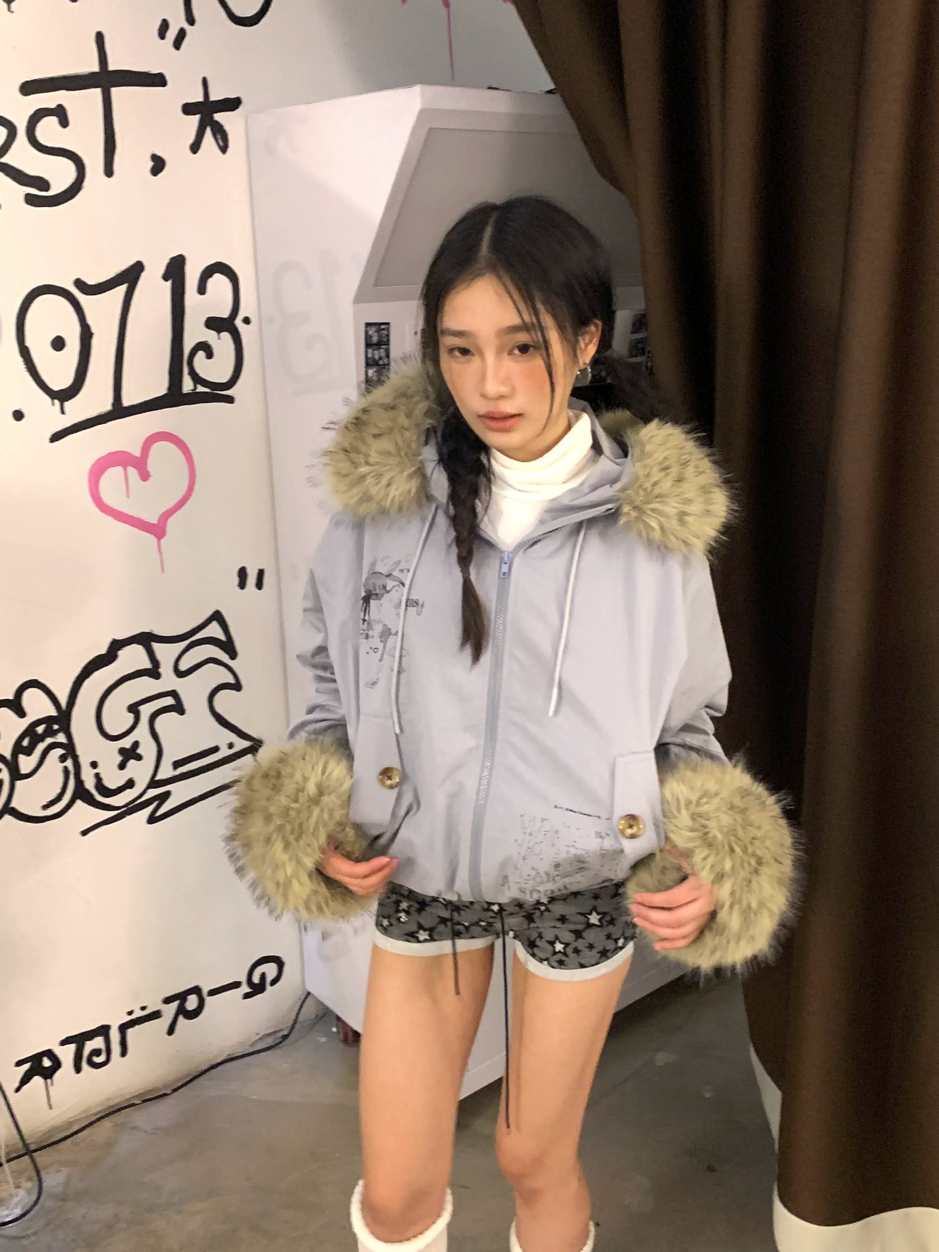 Fake Fur Trim Graphic Print Oversize Hooded Jacket