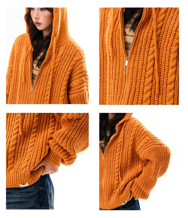 Chunky Knit Zipper Hooded Oversize Cardigan