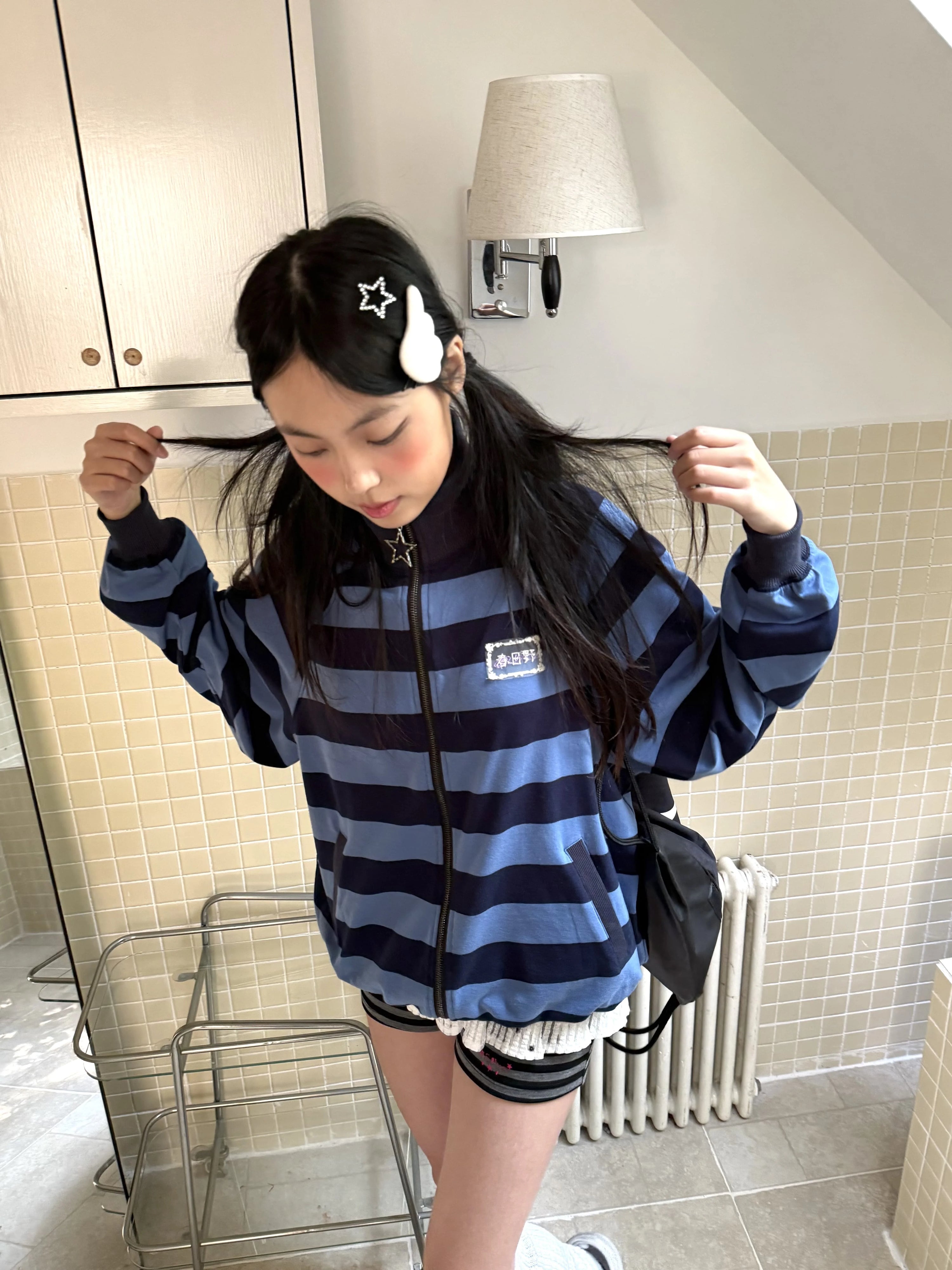Striped Oversize Stand Collar Zipper Jacket
