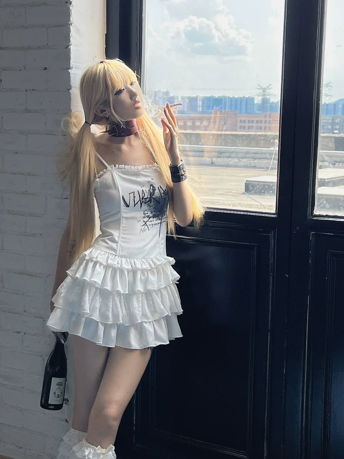 Graffiti Print Satin Lace-Up Ruffled Layered Dress