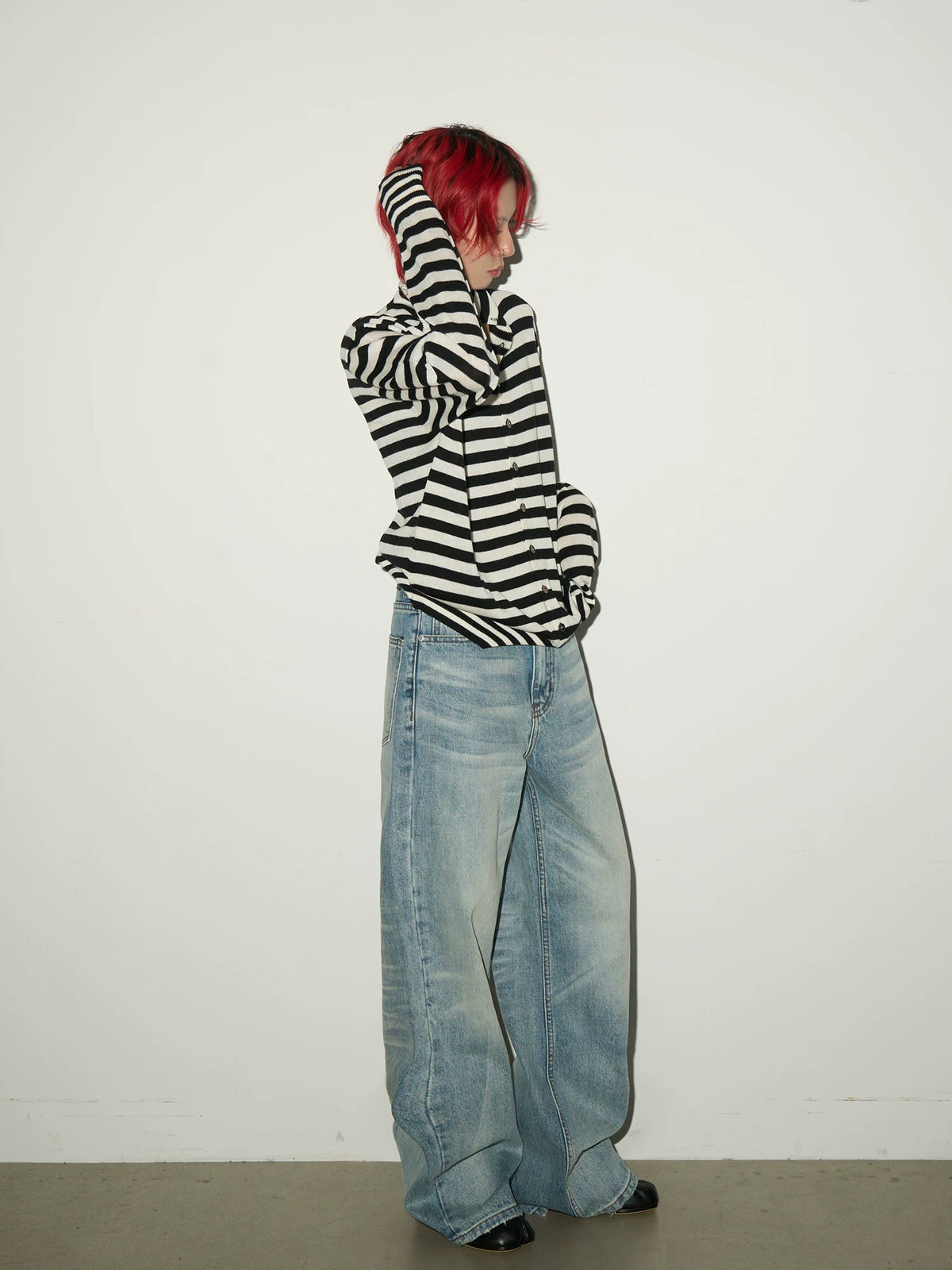 Contrast Stripe Wool Knit High-Neck Cardigan