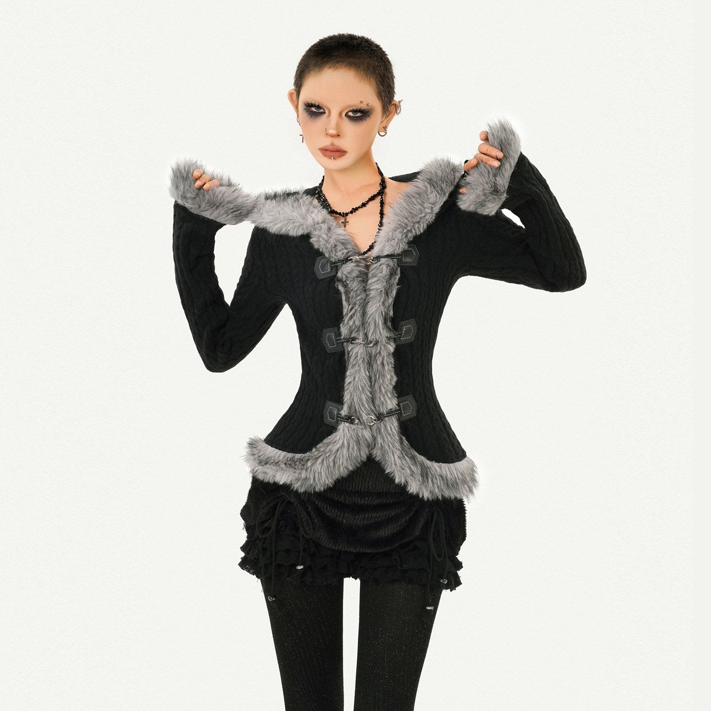 Hooded Fur Collar Fitted Knit Cardigan