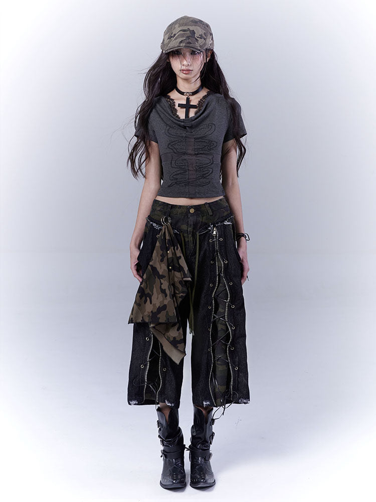 Cutout Cross Print Lace Short Sleeve T-Shirt