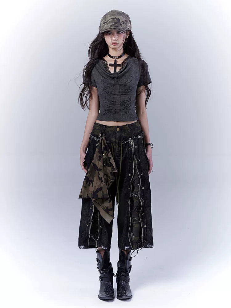 Cutout Cross Print Lace Short Sleeve T-Shirt