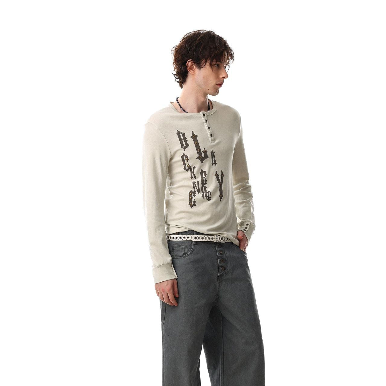 Henley Letter Studs Detail Long Sleeve T-Shirt