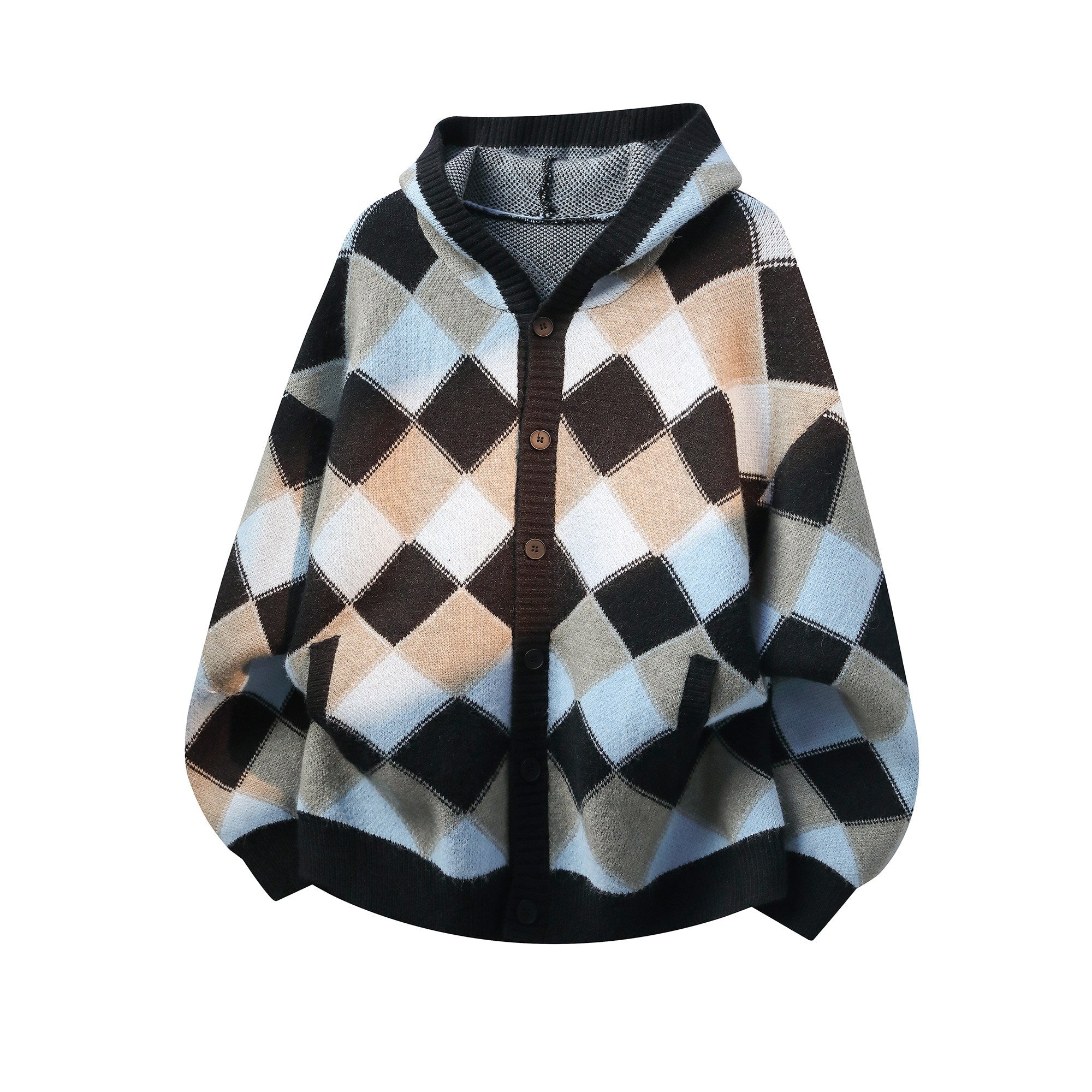 Heavyweight Diamond Pattern Oversize Hooded Knit Cardigan & Knit Sweater