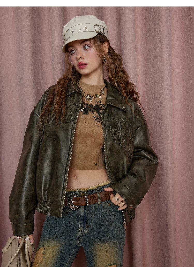 Patch Embroidery Quilted PU Leather Jacket