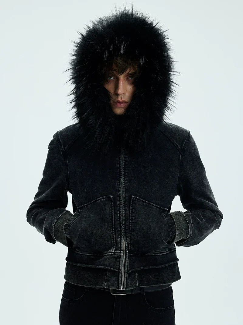 Detachable Fake Fur Washed Zipper Hoodie