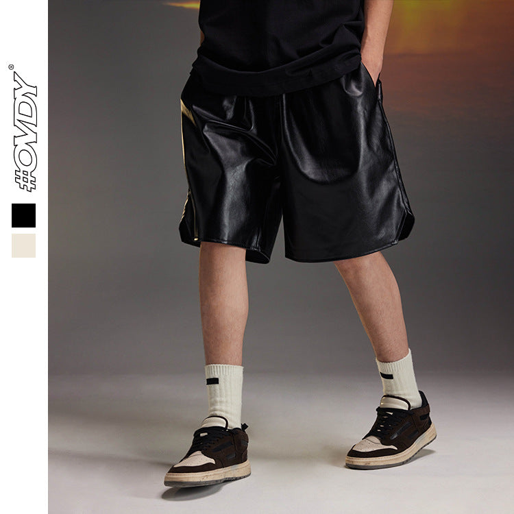 Washed PU Leather Drawstring Oversize Short Pants