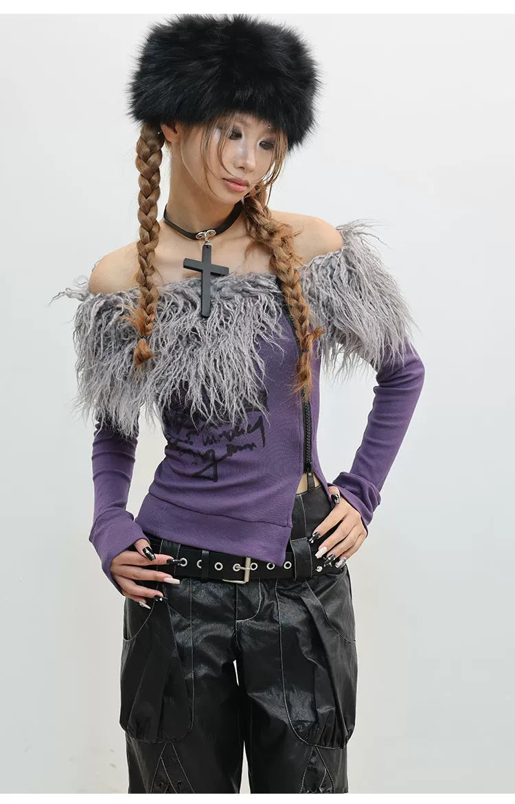 Fake Fur Trim Off-Shoulder Print Slim T-Shirt