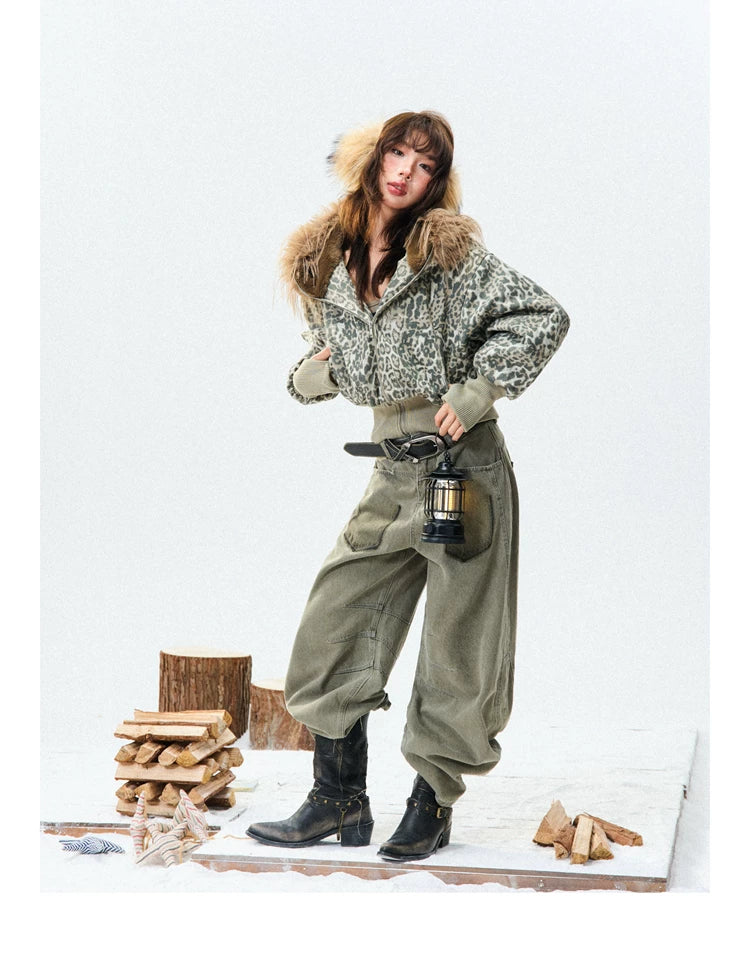 Leopard Print Fur-Trim Hood Puffer Jacket