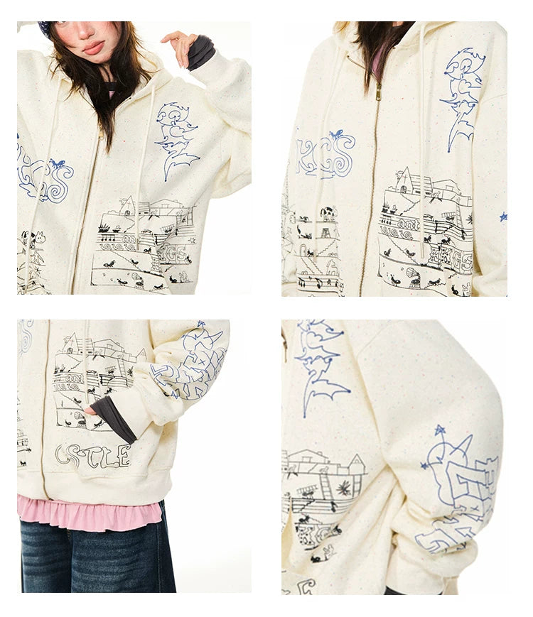Graphic Print Oversize Zipper Hoodie