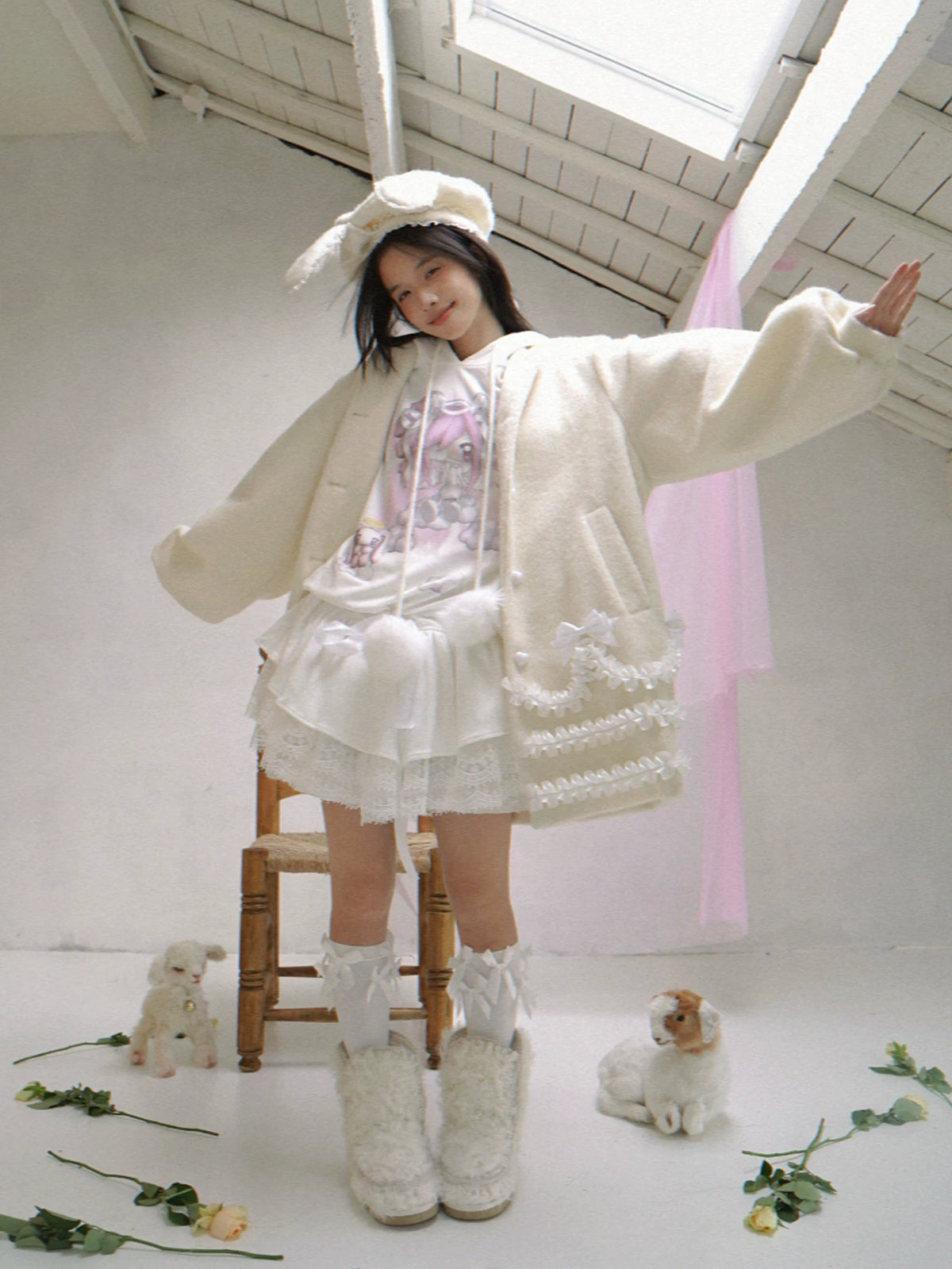 Lace Bow Puff Sleeve Coat