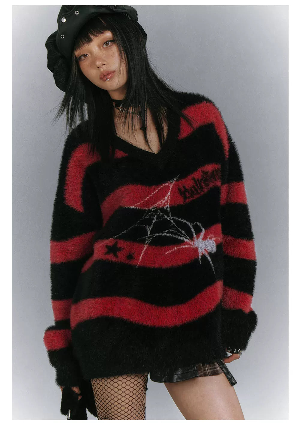 Mohair Spider Pattern Stripe Oversize V-Neck Knit Sweater
