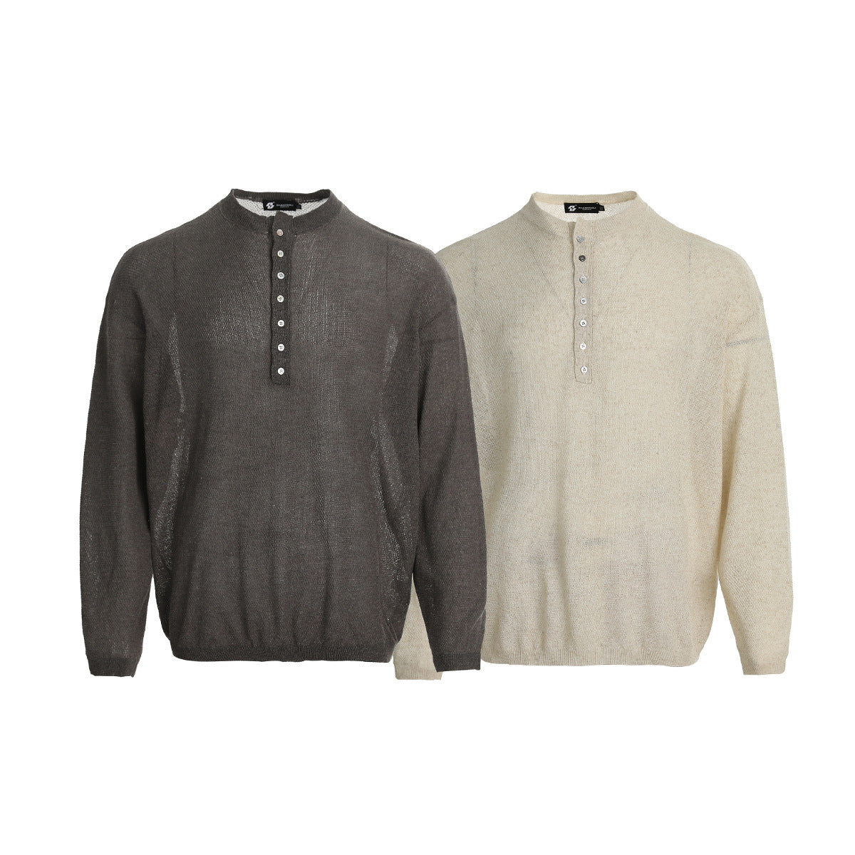 Openwork Linen Henley Neck Knit Sweater