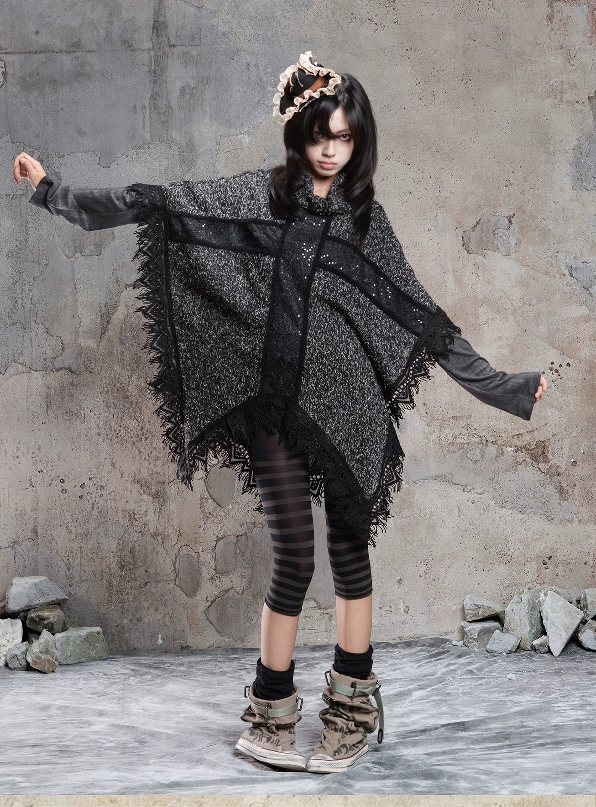 Punk Cross Cape Asymmetric Fringe Knit Sweater