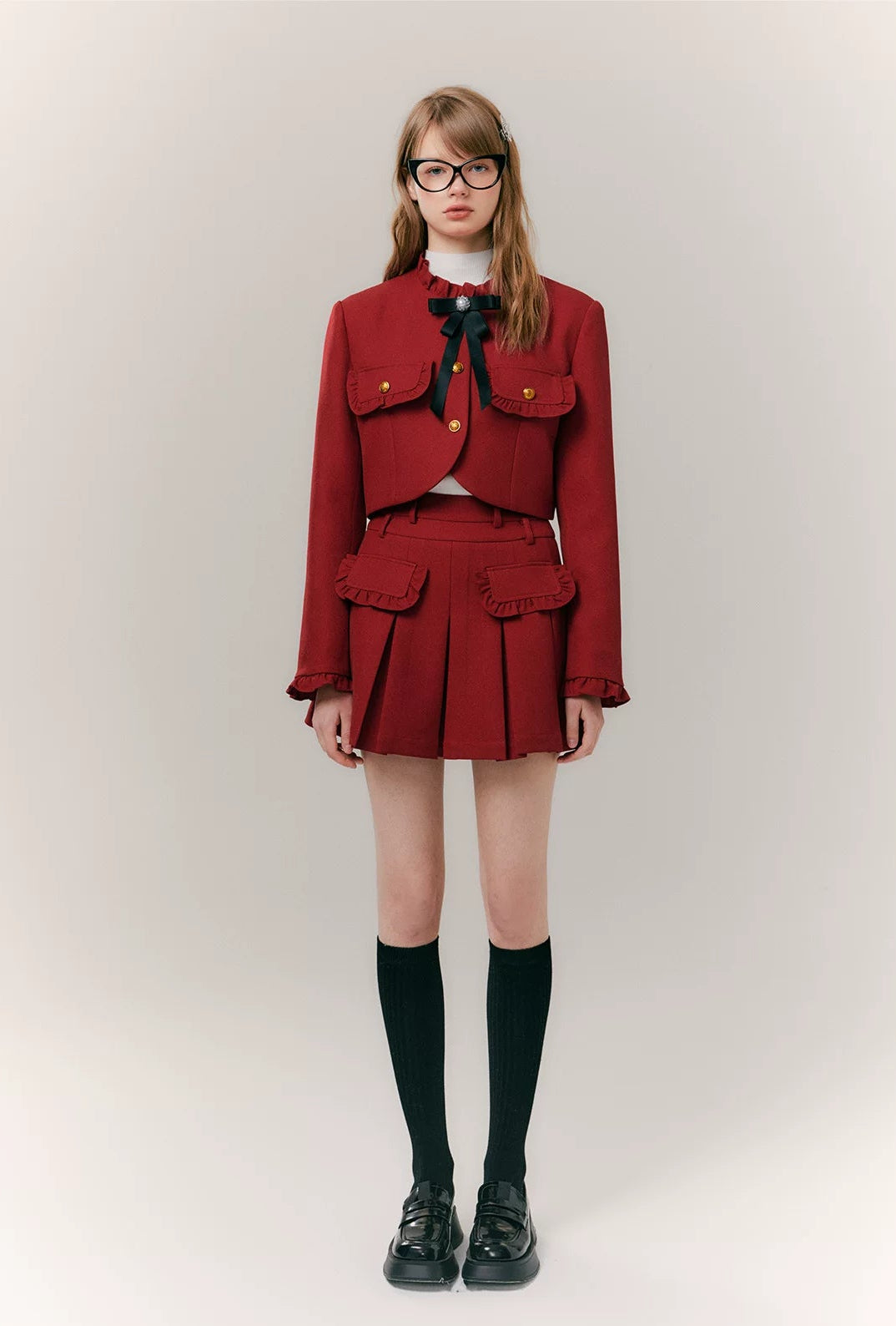 Red Bow-Knot Pleated Skirt & Blazer Jacket Setup