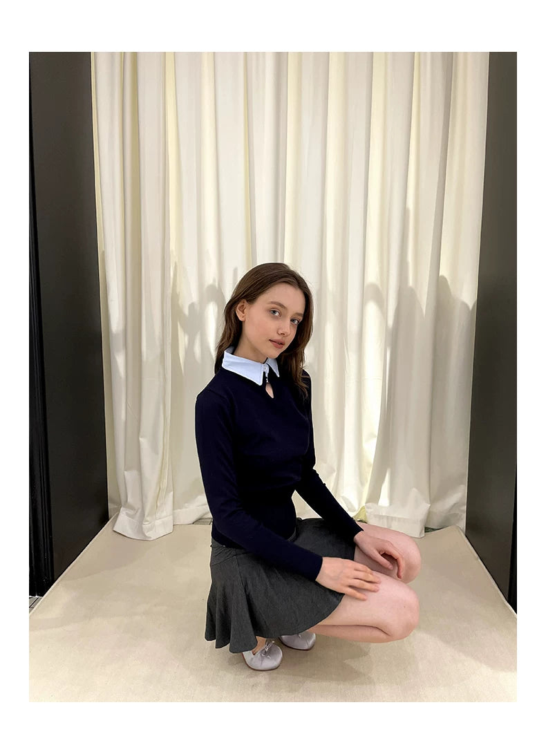 Collar Knit Sweater & Pleats Short Skirt Setup