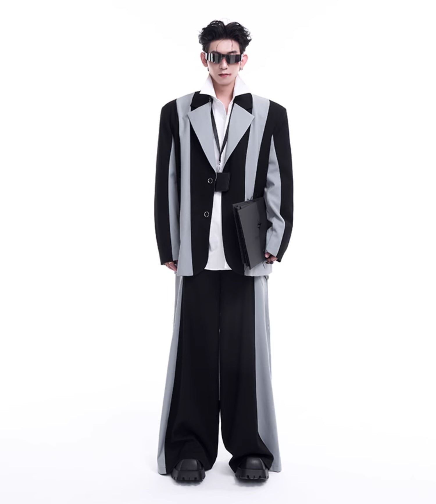 Contrast Color Tailored Jacket & Wide-leg Trousers Setup