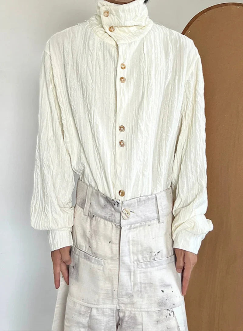Texture Pleats High-Neck Long Sleeve Shirt