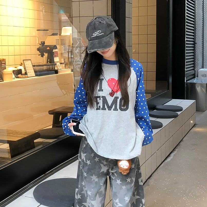 Graphic Letter Polka Dot Print Long Sleeve T-Shirt