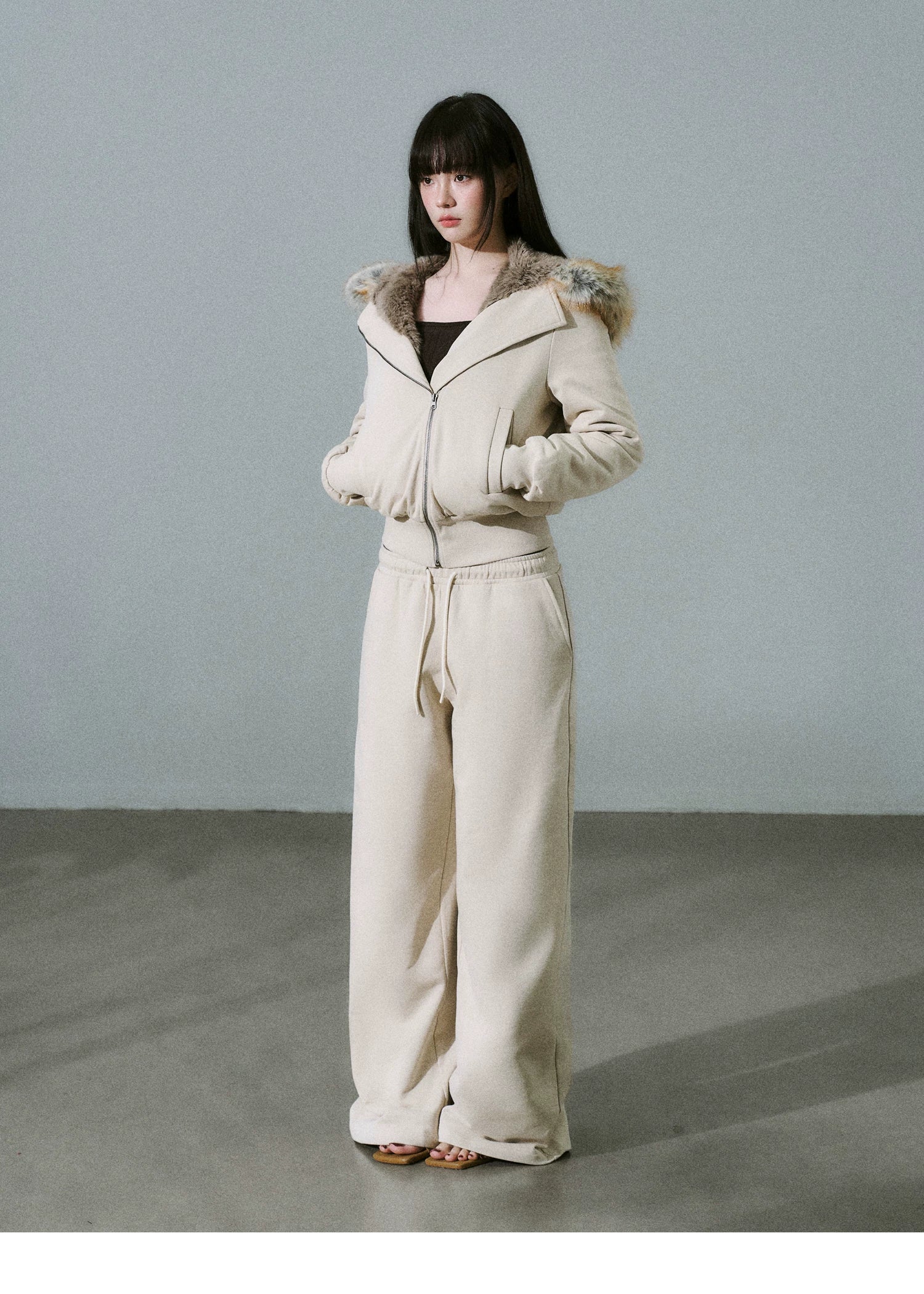 Fake Fur Hooded Zip-Up Jacket & Seatpants Setup
