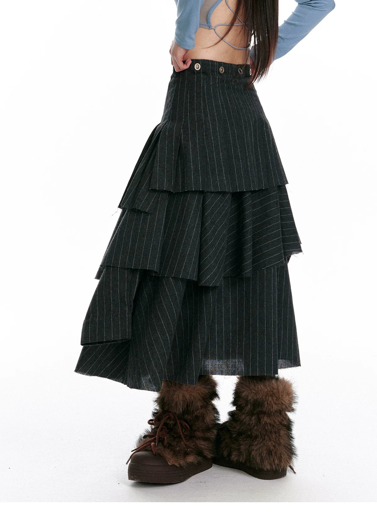 Textured Asymmetrical Striped Midi Ruffle Skirt
