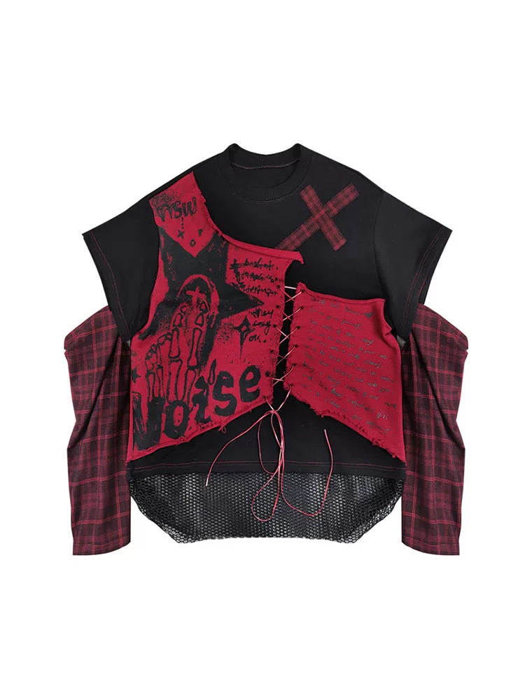 Print Plaid Patchwork Pullover Sweatshirt