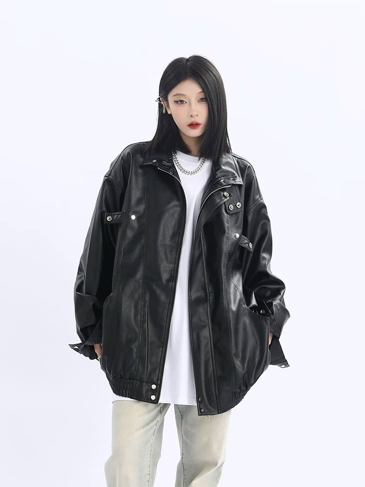 Oversized Standing-Collar PU Leather Jacket