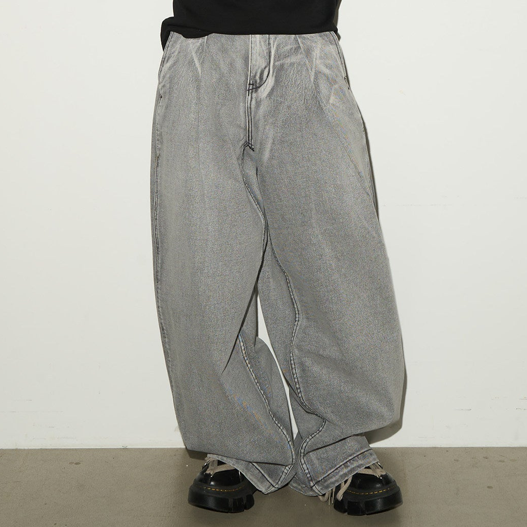High Waist Pleats Washed Wide Leg Denim Jeans