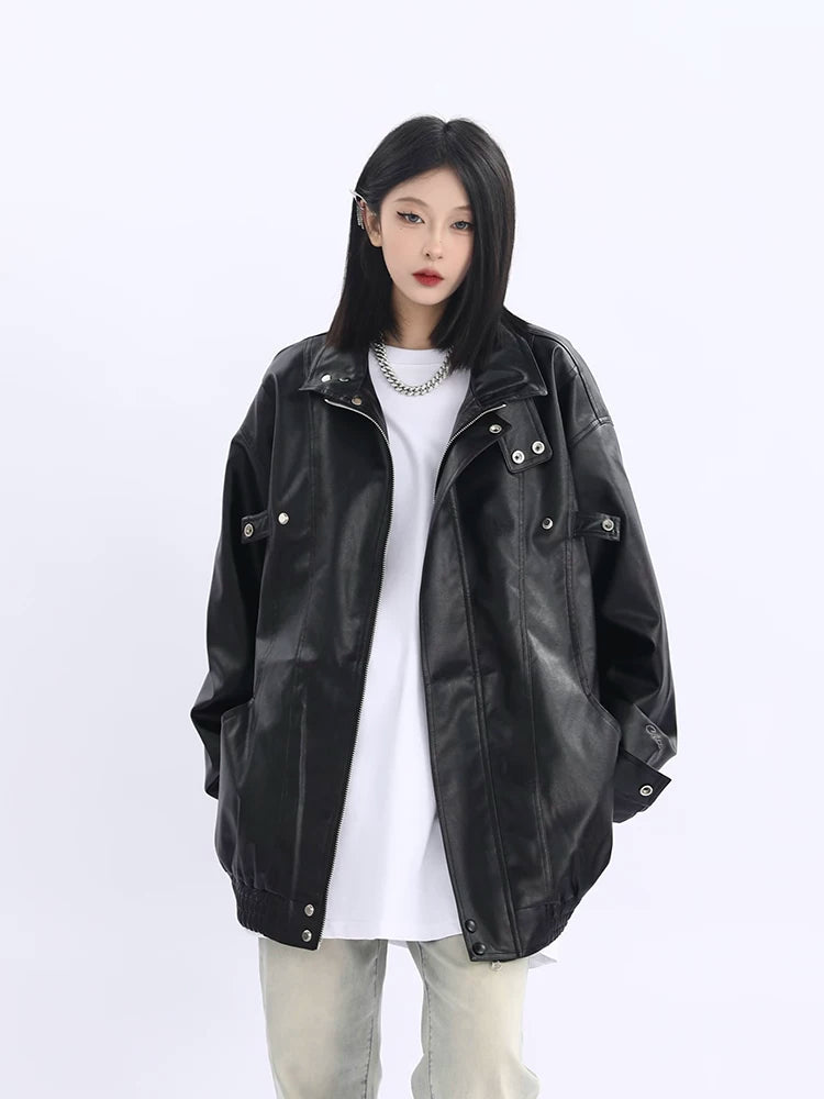 Oversized Standing-Collar PU Leather Jacket