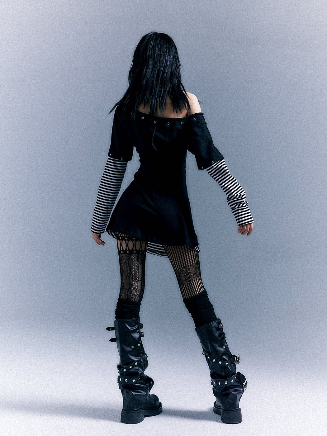 Light Punk Stripe Long Sleeve Graphic Waist-Cinching T-Shirt Dress