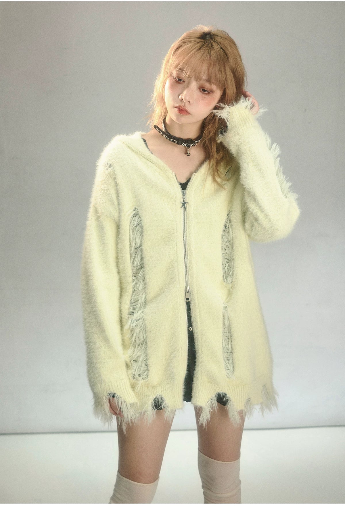 Rabbit Ear Zipper Knit Hoodie