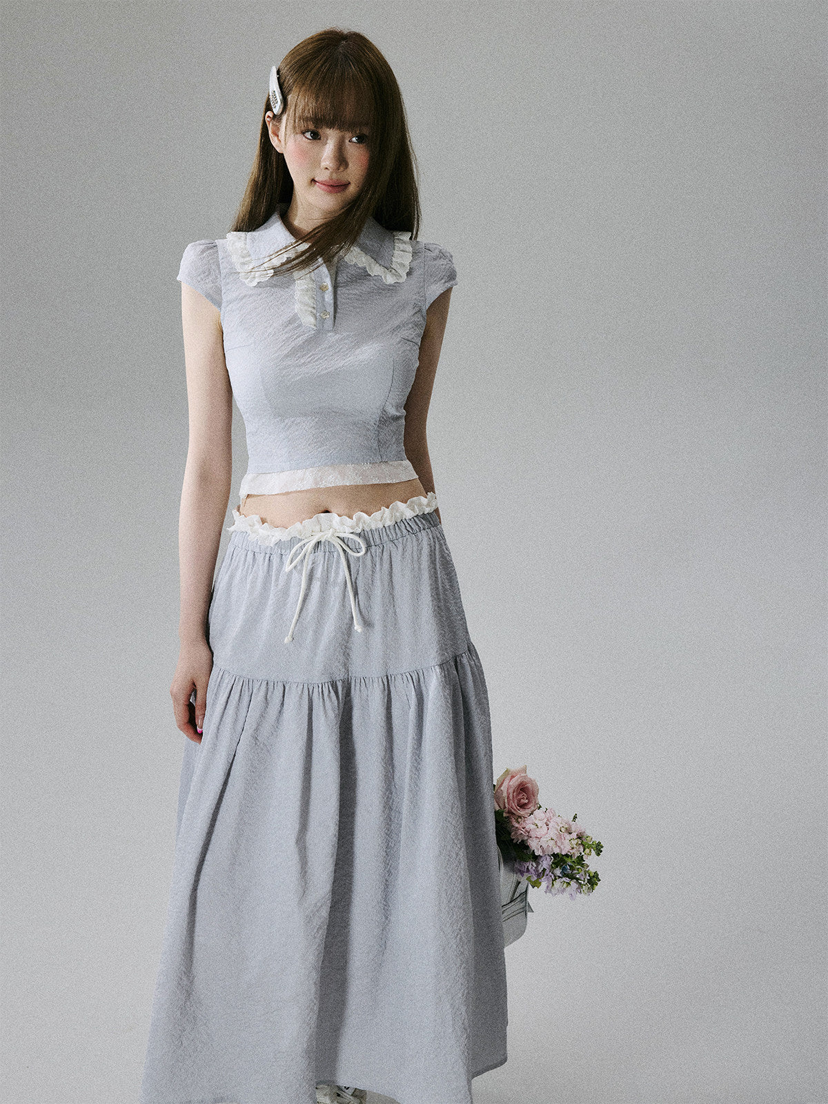 Lace-Trim Short Sleeve Shirt & Drawstring Skirt Setup