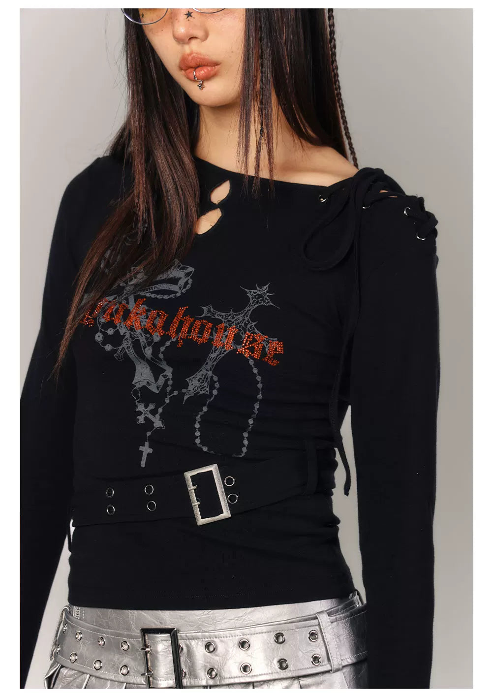 Cross Print Strap Buckle Cutout Long Sleeve T-Shirt