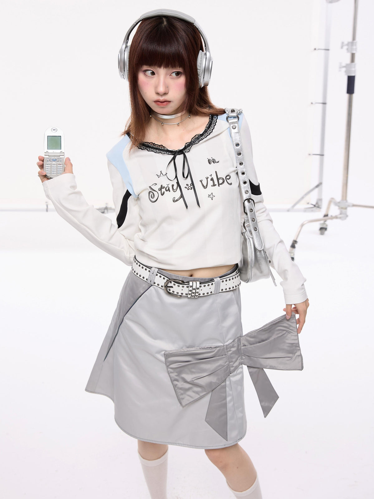 Lace Bow Collar Patchwork Jersey-Style T-Shirt
