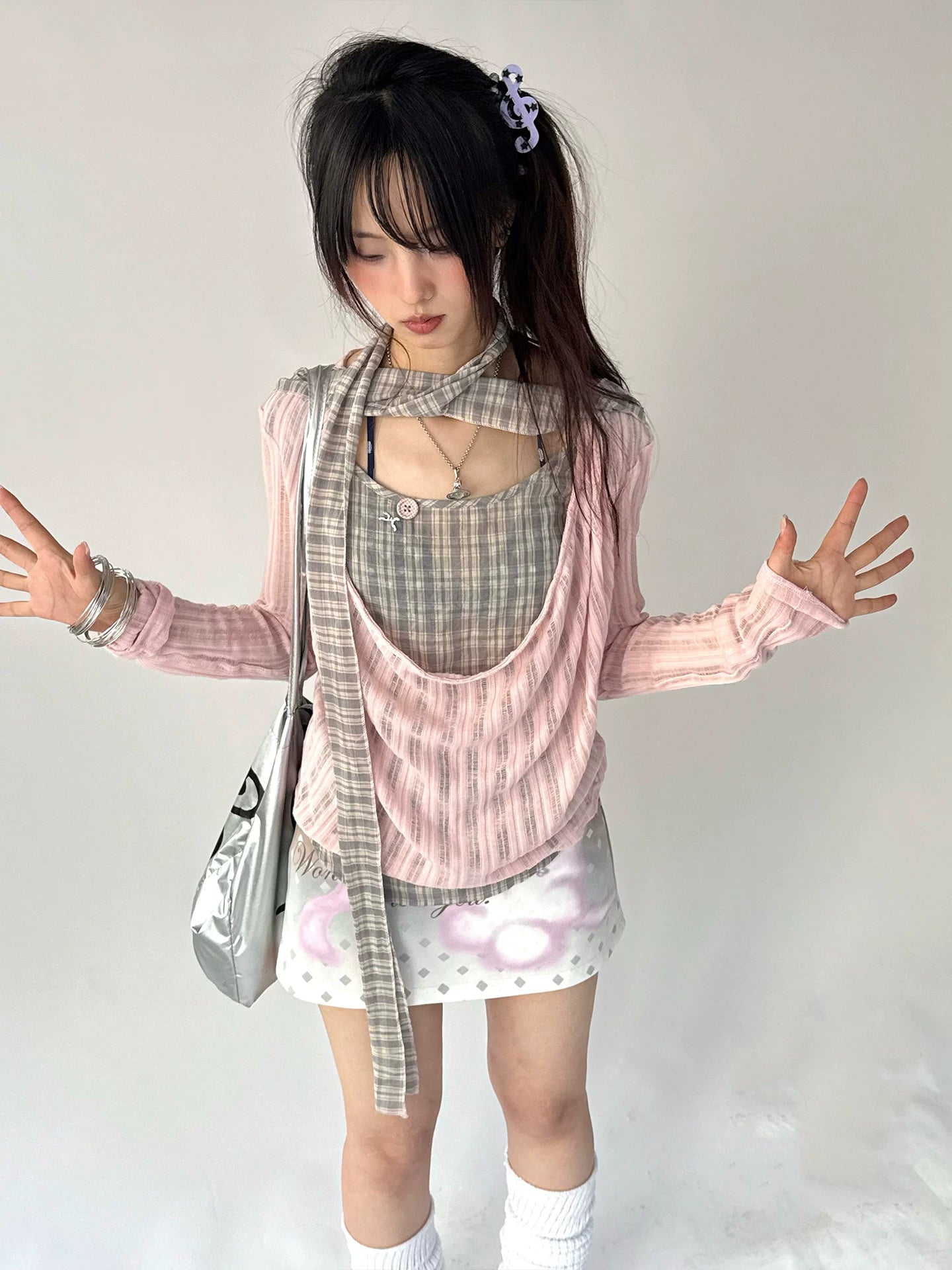 Plaid Ripped Fake Layered Long Sleeve T-Shirt