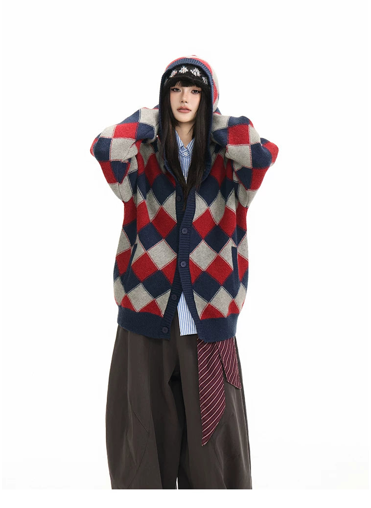 Heavyweight Diamond Pattern Oversize Hooded Knit Cardigan & Knit Sweater