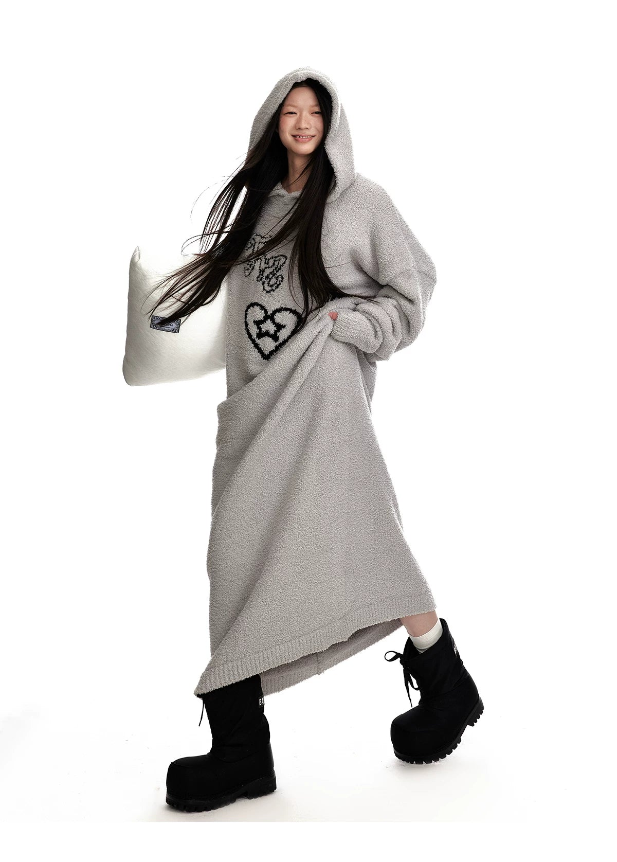 Fuzzy Hooded Knit Sweater Dress