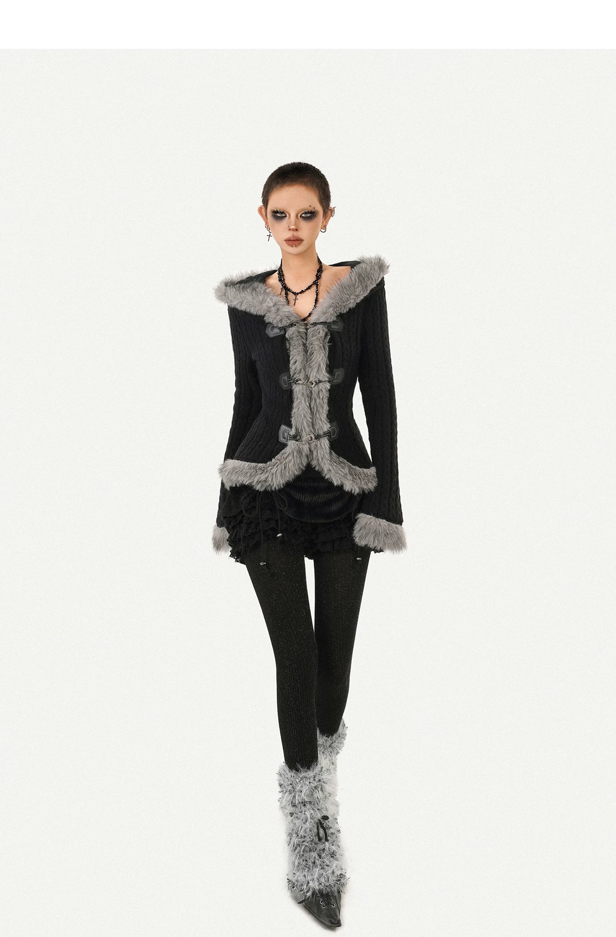 Hooded Fur Collar Fitted Knit Cardigan