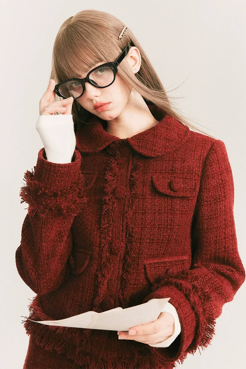 Round Collar Tweed Jacket & A-Line Tweed Skirt Setup