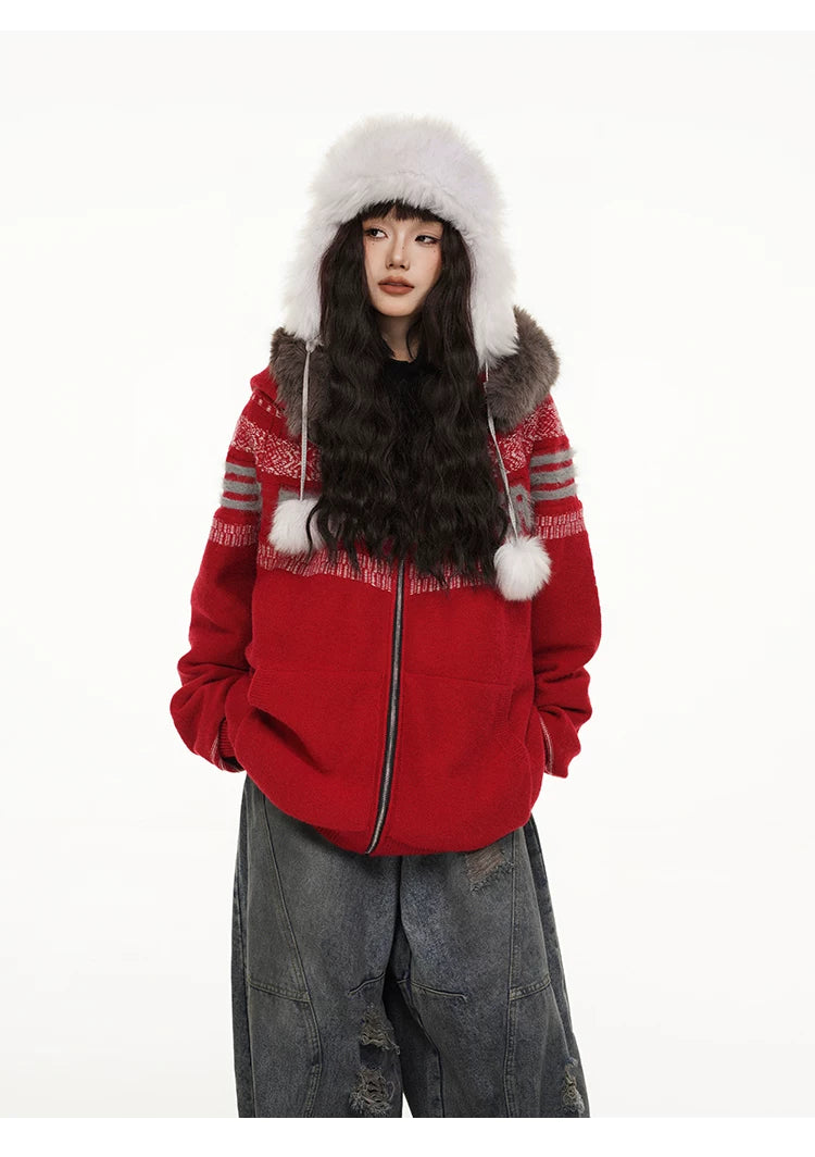 Fair Isle Hooded Detachable Fur Collar Knit Cardigan