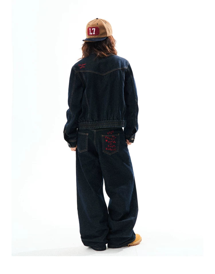 Embroidered Cropped Denim Jacket & Wide-Leg Denim Jeans Setup